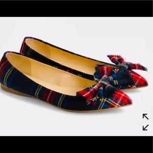 J.Crew Lottie Bow Flats Gently Used 9.5 in festive black & red wool tartan